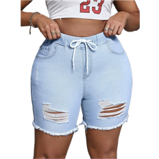 Shein Plus Plain Color Distressed Fringe Edge Denim Shorts With Pockets For Casual Summer