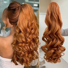 Temu Claw Ponytail Extension Hair Light Brown 22 Inch Long Water Wave Heat Resistant Fiber
