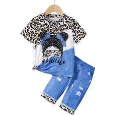 Shein Young Girl Cool Leopard Print Short Sleeve TShirt And Faux Denim Leggings Set For Concerts