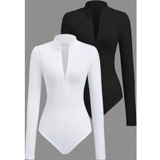 Shein Shapewear & Under Garments Shein Flirla 2pcs Mock Neck Zip-Front Long Sleeve Bodysuit - White/Black