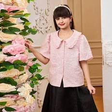 Pink Blouses & Tunics Children's Clothing Shein Pink Rose Floral Jacquard Textured Fabric Retro Palace Style Ruffle Collar Puff Sleeve Blouse - Pink Rose
