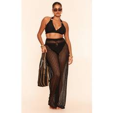 XXL Saronger & Kimonos PrettyLittleThing Plus Black Crochet Low Waist Wide Leg Beach Trousers