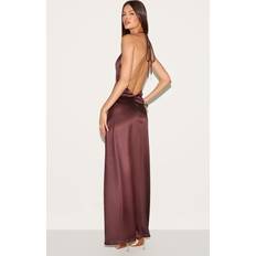 PrettyLittleThing Satin Lace Up Back Maxi Slip Dress - Chocolate