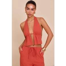 PrettyLittleThing Rust Cotton Halterneck Backless Plunge Top - Orange