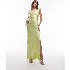 Topshop Ruffle Shoulder Satin Slip Dress - Deep Lime