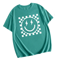 Shein Sommerliche Lässig Damen-T-Shirt mit Smile Face Checkerboard Muster, Rundhals und Drop Shoulder Ärmeln