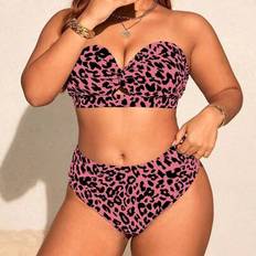 Shein Plus Size Women's Leopard Print Split Twist Banded High Waist Bikini Two Pieces - Leopard Print