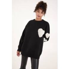 One Size Jumpers Blue Vanilla Womens Flocked Heart Oversized Jumper - Black