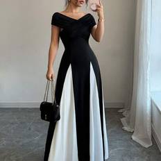 Shein Elegantes Farbblock Off-Shoulder Gerafftes Langes Kleid