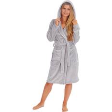 Metzuyan Womens Ladies Dressing Gown With Hood Fluffy Bath Changing Robe - Grey