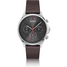 HUGO Silver-Tone Watch with Brown Leather Strap
