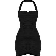 PrettyLittleThing Black Mesh Extreme Ruched Corset Halter Bodycon Dress, Black