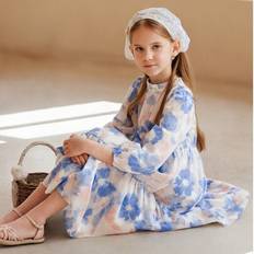 Polyester Klänningar Shein Blommönster Långärmad Volangkrage Casual Dress - Blå
