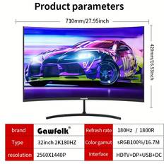 Temu Gawfolk 32-inch Curved 2K 180Hz PC Monitor Screen