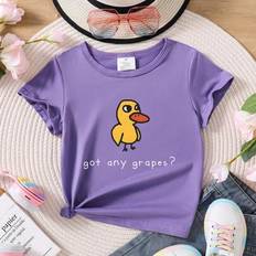Purple Tops Shein Young Girl Casual Cartoon Duck Slogan Print T-Shirt - Summer