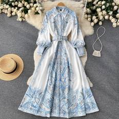 Roma Women's Dress Court Style Retro Printing Temperament Polo Collar Shirt - Blue