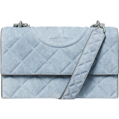 Tory Burch Fleming Denim-Print Suede Shoulder Bag - Medium Wash Denim