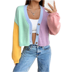 Shein Contrast Color Loose Cropped Cardigan Sweet College Style Knit Sweater Jacket
