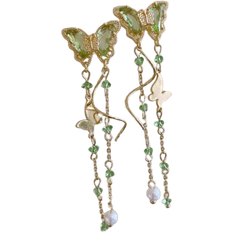 Shein pair Green Butterfly Pendant Pearl Tassel Earrings Perfect For Summer Outfits