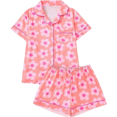 Shein Floral Print Ladies Pajama Set Short Sleeve Lapel Cardigan Shirt And Loose Elastic Shorts Casual Sleepwear And Loungewear For Women All Seasons