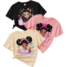 Stars Tops Shein Tween Girl Casual Simple Cartoon Printed TShirt pcsSet Black Pink Apricot Suitable For Summer