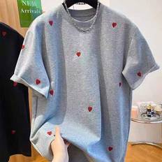 Shein Damen Rundhals T-Shirt Mit Herz Stickerei - Leichtes