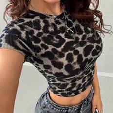 Shein Y2K Casual Kabelstickat Mönster Leopardtryck Mini-T-Shirt - Multifärgad