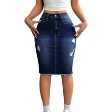 Shein Ladies Button Pocket Belted Denim Skirt With Torn Design Daily Fashionable