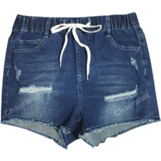 Shein Womens Elastic Waist Drawstring Distressed Denim Shorts With Pockets