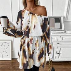 Tie Dye Blouses Shein Breezaya Tie Dye Asymmetrical Neck Flounce Sleeve Belted Blouse