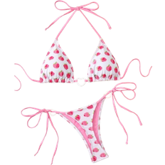Shein Womens Summer Beach Strawberry Printed Triangle Top Halter Neck Bikini Set
