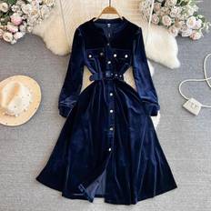 Autumn Winter Velvet Party Dress Runway - Navy Blue