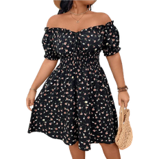 Shein Plus Romantic Vacation Black OffShoulder Dress With Ditsy Floral