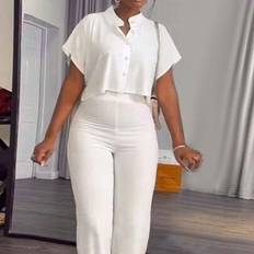 White - Women Suits Shein Women's Summer Solid Color Stand Collar Short Sleeve Shirt - Elegant White
