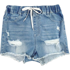 Shein Women Distressed Denim Shorts With Elastic Waist And Drawstring Frayed Hem And Stretchy Fabric