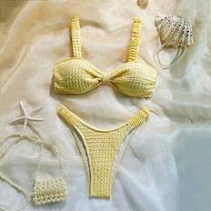 Women - Yellow Bikini Sets Shein Women's Solid Color Yellow Textured Fabric Sexy Resort Ruched Bikini Set
