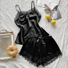 Shein Eyelash Lace Satin Cami PJ Set - Pajama Set