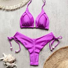 Purple Bikini Sets Shein Women's Solid Color Halter Tie Sexy Bikini Swimsuit Set - Summer Beach