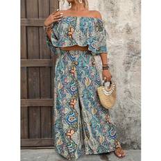 Stretch Suits Shein Breezaya Plus Size Women Floral Open Shoulder Crop Top And Wide Leg Pant Set