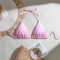 Shein Plus Size Women Holiday Casual Solid Color Halter Neck Sexy Triangle Cup Swimwear Top - Summer Beach Vacation