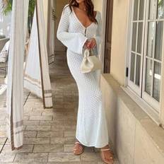 Polyester Swimsuit Cover-Ups & Sarong Wraps Shein Women's Long Sleeve Hollow-Out Swimsuit Cover-Up - Elegant Boho Beach Vacation Style