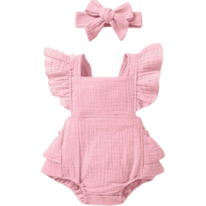 Shein Baby Girl Soft Comfortable And Cute Ruffled Bodysuit With Headband Set Perfect For Summer Casual Vacation And Party