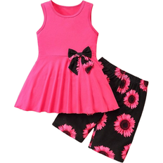 Shein Tween Girl pcs Cute Bowknot Round Neck Pleated ALine Sleeveless TShirt And Flower Printed Shorts Set Summer