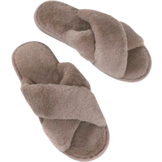 Shein Ladies' Khaki Alphabet Motif Bedroom Slippers With Simple Crossover Strap And Fluffy Design