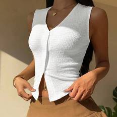 White Tank Tops Shein Women's Casual Knit Texture V-Neck Sleeveless Top - White