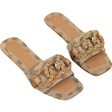 Shein New Style Four-season Casual, Comfortable, Slip-resistant, Wear-resistant Square-toe Brown Patterned Flat Sandals With Metallic Buckle