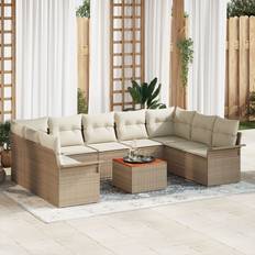 vidaXL 10 Delers Havesofasæt med Puder Beige Poly Rattan Akacie Loungesæt