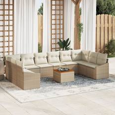 vidaXL 11 Delers Have Sofa Set med Hynder Beige Poly Rattan Akacietræ Loungesæt