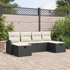 vidaXL 6 Piece Havemøbel Sæt med Puder Sort Poly Rattan Loungesæt