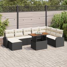 8 Matgrupper vidaXL Trädgårds Dining Set med Kuddar Svart Poly Rattan Akacia Matgrupp, 1 Bord inkl. 8 Stolar